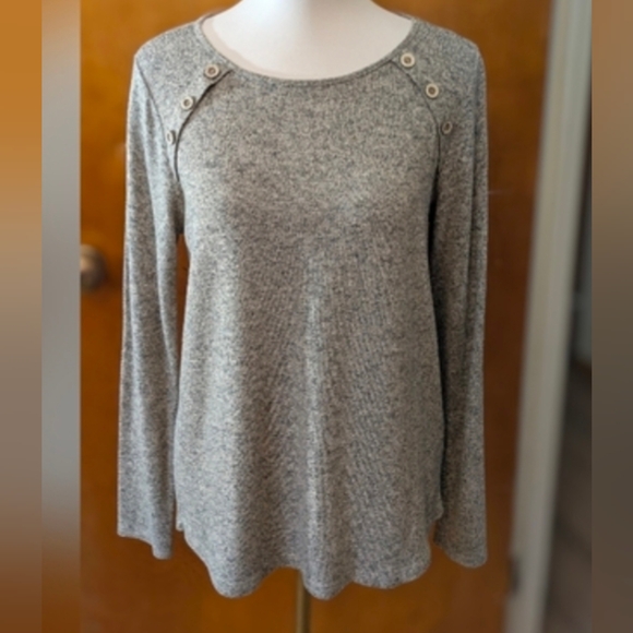 Pink Clover Tops - Women's Gray Long Sleeve Top, Brown Faux Suede Elbow Patches
